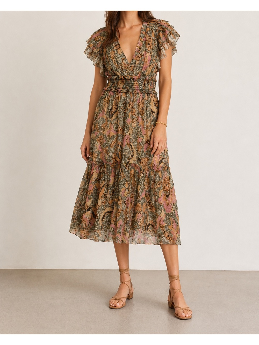 Ulla Johnson Floral Smocked Ruffle Maxi Dress Pink Green Tan Size 2